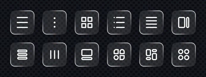 set of liquid glass menu and option icons. ui ux design elements for modern digital interfaces. user interface liquid glass vector.