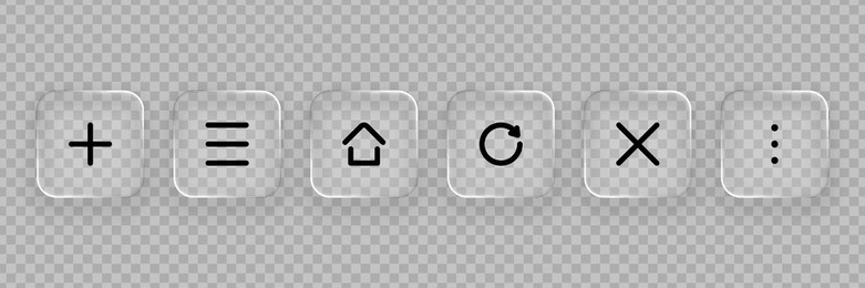 set of liquid glass vector icons with transparent effect. neumorphic buttons for web interface design or mobile app development.