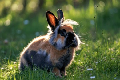 a fluffy lionhead rabbit with a tri-color coat of brown, black, and white sits in a lush green meadow bathed in sunlight.