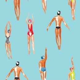 watercolor swimmer men and women engaged in sports swimming in the marine tropical harbor. art top summer seamless pattern vector. print people among the waves
