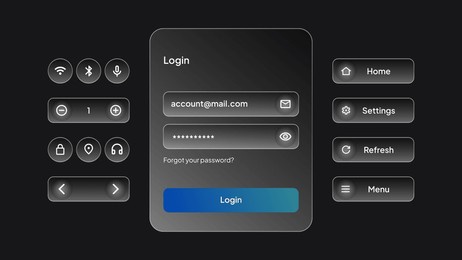 liquid glass ui elements. white transparent login interface and control center widgets for smartphone and web app interface vector illustration.