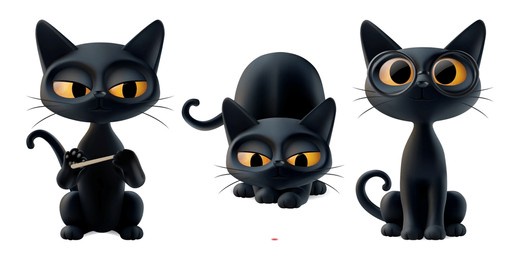 cute halloween black cat vector set. pets filing top claws, thumb nails, hunting laser pointer, begging look memes. cartoon animal funny kitten characters, 3d happy kitty face, sticker render white bg
