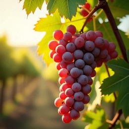 a close-up view of a ripe cluster of red or purple grapes hanging from a vine. the grapes are plump, round, and vibrant, with a soft natural gradient from reddish-pink to deep purple. the surrounding 