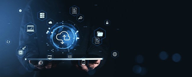 digital cloud storage interface with icons for data management, security, and devices in glowing blue style on dark background, symbolizing online technology