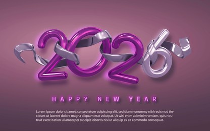 new year 2026 celebration with shiny pink and silver numbers, festive ribbon and modern 3d style on gradient background. vector illustration.