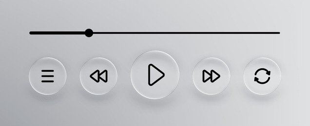 glass liquid play buttons on minimalistic player. interface for web or mobile application. music or video player concept.