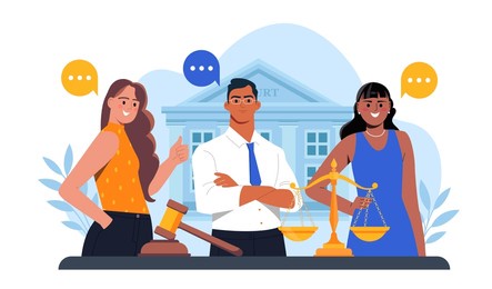 group of diverse legal professionals with law symbols like gavel and scales in front of a courthouse, flat style on white background. concept of justice. vector illustration