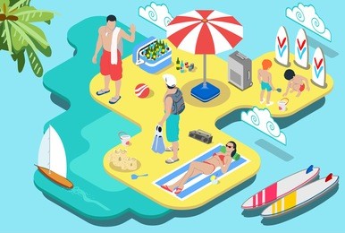 isometric flat beach life - summer holidays - extended family holiday makers. icon. jpg. jpeg. object. picture. image. graphic. art. illustration. drawing - stock