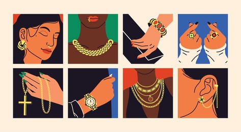 body parts with jewelry. wearing precious accessories, piercing, golden rings on fingers, gems, expensive watches and bracelets on hands, chains on neck, cards design, tidy vector set