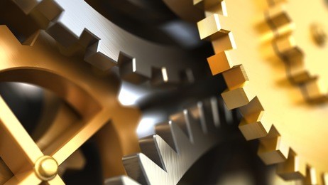 clockwork or a machine inside. closeup gears and cogs. industrial 3d illustration.