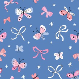 vector night butterfly seamless pattern. butterflies, bows and stars on blue background. coquette fabric design or nursery wallpaper.
