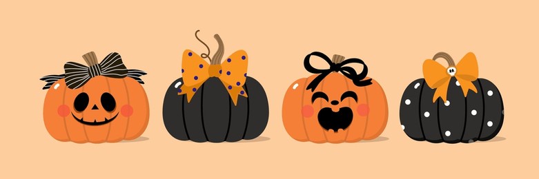 happy halloween party invitation card with spooky pumpkin, cute bow and ribbon. holidays cartoon character. -vector