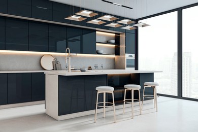 sleek black kitchen with island, bar stools, and pendant lights in a modern interior, featuring city view background and elegant home decor. 3d rendering