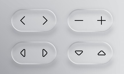 set of liquid glass user interface elements, including navigation arrows, plus and minus signs. modern design for web or mobile.