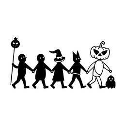 silhouettes halloween characters holding hands walking in a row on witch pumpkin