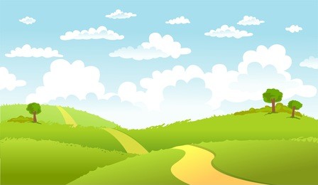 the road in green fields,  leading for the horizon