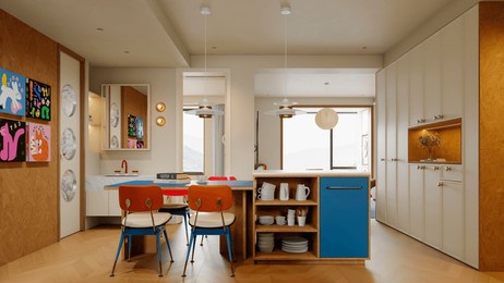 a vibrant and contemporary kitchen and dining area featuring a blue island, wooden chairs with blue accents, and eclectic wall art, creating a lively and functional space