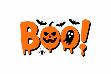 boo halloween sign, pumpkin and bat illustration, spooky october greeting, halloween party invitation, festive holiday design