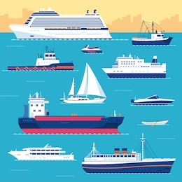 set of flat yacht, scooter, boat, cargo ship, steamship, ferry, fishing boat, tug, bulk carrier, vessel, pleasure boat, cruise ship with blue sea background concept. vector design illustration