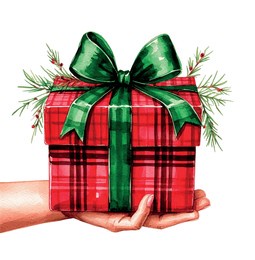 christmas tartan gift box watercolor clipart png drawing.present in female hand.greeting new year card.red gift box with green ribbon bow.