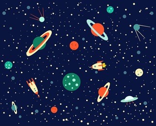 space set of planets, orbits, rockets, satellite, flying saucer, stars. cosmos. vector illustration. cartoon icons.