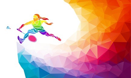 badminton sport invitation poster or flyer background with empty space, banner template in trendy abstract colorful polygon style. female badminton player. vector illustration
