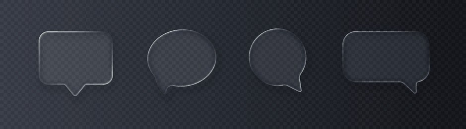 set of realistic glossy glass speech bubbles in liquid glass style with refraction effect, isolated on dark background. vector 3d illustration.
