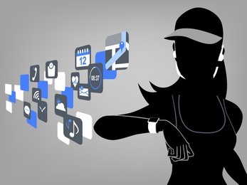 fitness woman looking at smart watch touchscreen and app icons.
