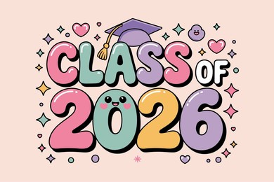 class of 2026 pastel text, graduation cap, confetti, senior shirt, graduation celebration, modern vector, cheerful design