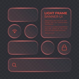 liquid glass smartphone icon interface isolated for dark theme. red ui light frame square and circle banner with glow stroke. abtsract widget template for smartphone and web app, vector illustration.