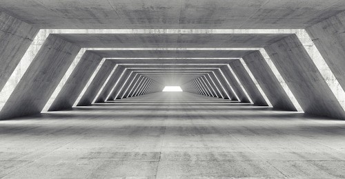 abstract illuminated empty corridor interior made of gray concrete, 3d illustration
