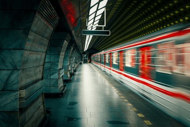 a modern metro train, blurred with motion as it passes an empty underground platform on the metro station in prague, czechia.