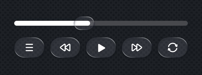 liquid glass style media player interface set with play, fast forward, rewind, menu, and repeat buttons and a slider for ui design.