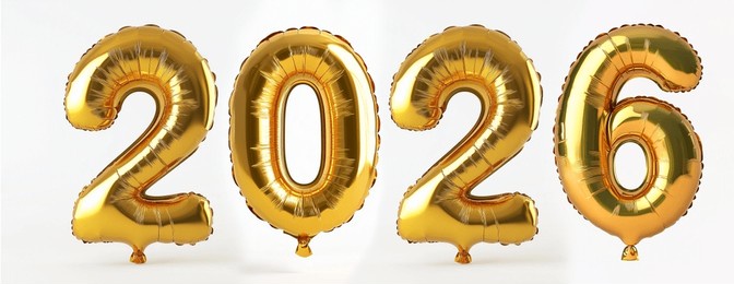inflated golden balloons forming the number 2026 against a white backdrop, symbolizing the upcoming year and new beginnings