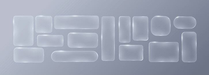 set of frames and design ui ux elements in the style of liquid glass. rectangular frosted glass elements. modern and sleek design suitable for websites and user interfaces.