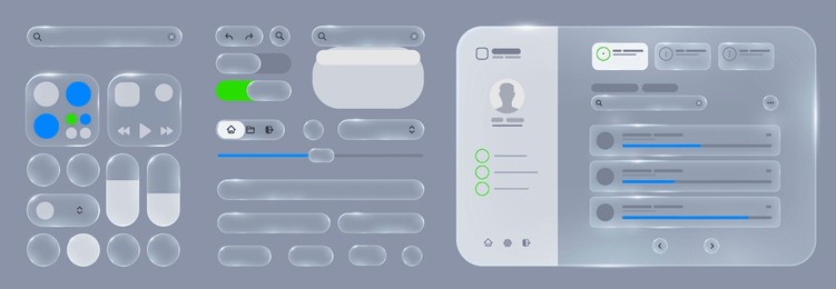 set of frames and design ui ux elements in the style of liquid glass with translucent and frosted effect. featuring buttons and sliders in blue and gray, its perfect for modern app designs.