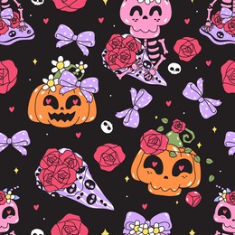 seamless pattern of pink halloween skeletons adorned with coquette bows and delicate flowers 