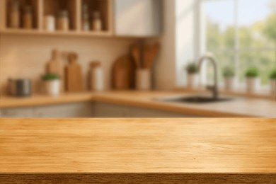 kitchen wood table top for product display with blurred modern interior. wooden tabletop over defocused kitchen background. kitchen furniture and desk space. product promotion in the kitchen