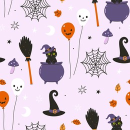halloween seamless pattern with black cat, witch hats, witch cauldron. vector graphics.