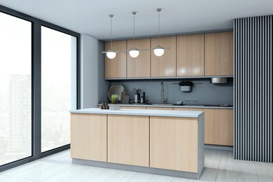 modern kitchen interior with wooden cabinets, central island, and pendant lamps in a high-rise apartment with city view. 3d rendering