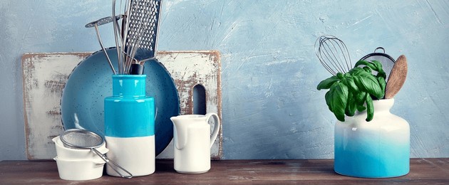 kitchen utensils. home kitchen decor concept. . panorama, banner