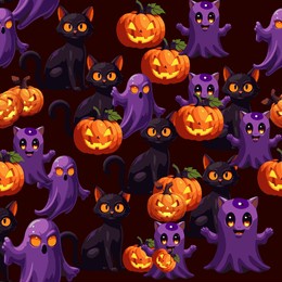 cute halloween pattern with black cats, pumpkins and purple ghosts