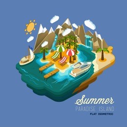 flat vector isometric composition. summer vacation on the island. paradise with palm trees, a waterfall and a yacht. pictured 3d isometric concept.