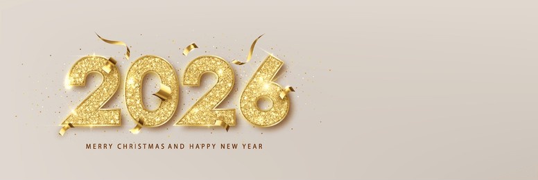 happy new year 2026 gold sparkling numbers on background with lights and shining falling confetti. holiday winter banner, poster or greeting card template