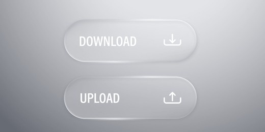 set of up and download buttons in liquid glass style. save and upload icon push button. modern web user interface element for ui ux design. transparent frames and buttons. vector illustration.