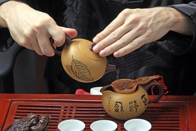 close-up table for the tea ceremony utensils and bamboo on white background studio
