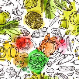 watercolor vegetable pattern with sketch radish pepper eggplant tomato vector illustration