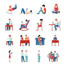 reading people flat character set with books magazines newspapers isolated vector illustration