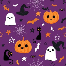 seamless halloween pattern with cute ghosts, pumpkins, bats, cats, spider webs, stars and witch hats on black background. great for party decorations, fabrics, and digital papers. purple backgroung