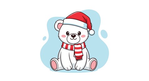 cute polar bear wearing santa hat and scarf illustration festive winter holiday character greeting